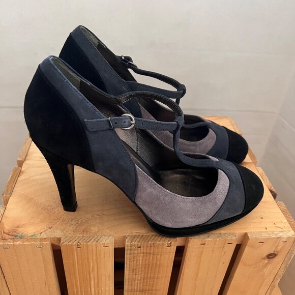 Boden Size 8 Black & Gray Suede Round Toe T-Strap Mary Jane High Heel Pumps Shoe - Picture 6 of 16